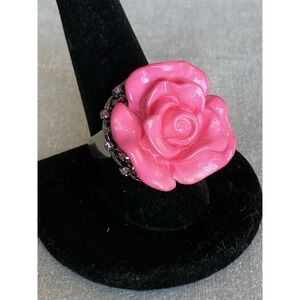 925 CN Sterling Silver Carved Resin Rose Ring Size 9.5 Accent Stones Vintage